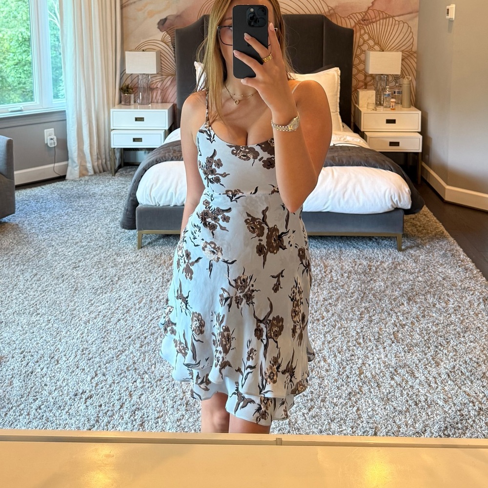 Vintage Light Blue and Brown Floral 100% Silk Dress